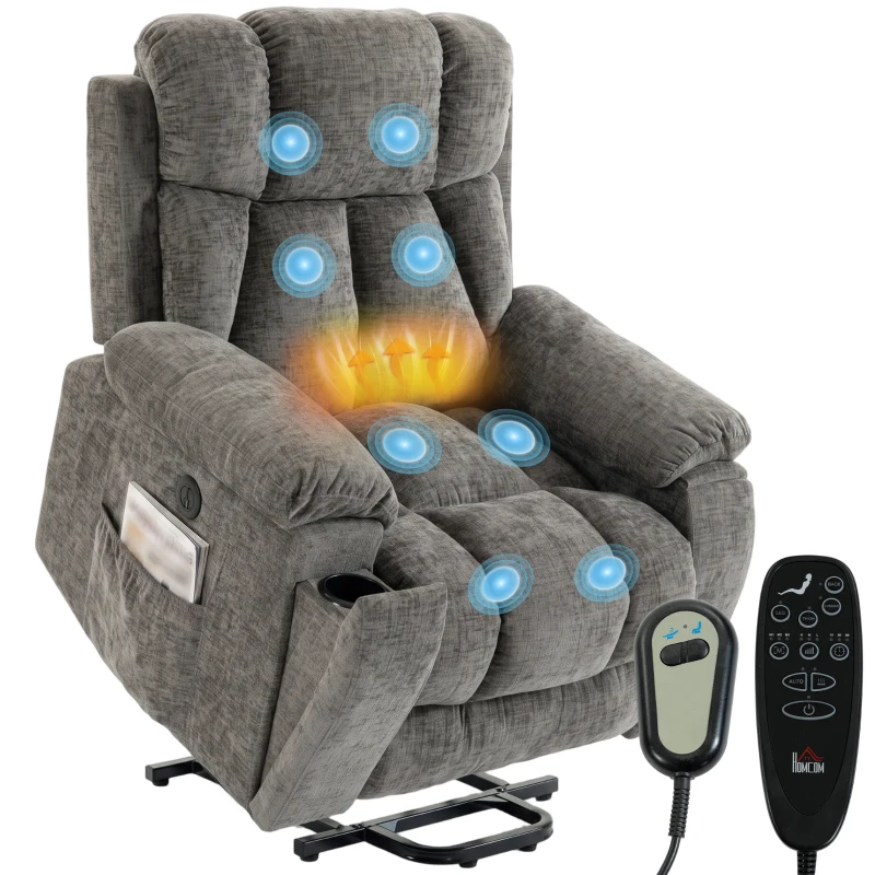 HOMCOM Fauteuil relax Fauteuil TV avec releveur, massage & chaleur, fauteuil pour seniors avec assise large et profonde, port USB