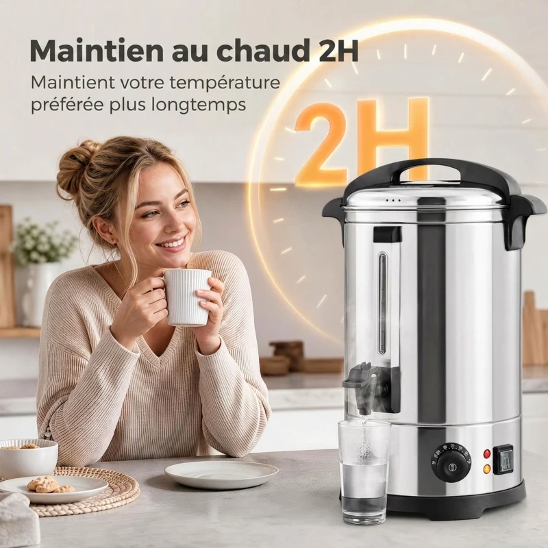 HOMCOM Distributeur d'Eau Chaude en Inox 8L 1500 W, 9 Niveaux de Température 30-110 °C, Maintien au Chaud, Robinet, Argenté