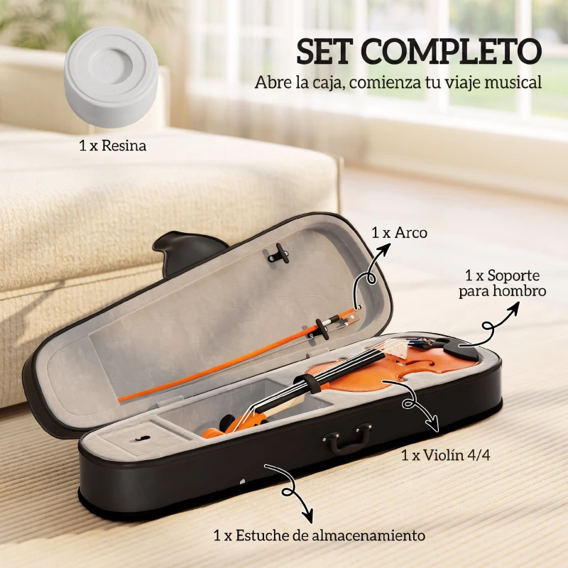 HOMCOM Violín 4/4 de Tamaño Completo de Madera con Estuche Arco Colofonia Afinadores Cuerdas y Soporte para Hombro Marrón