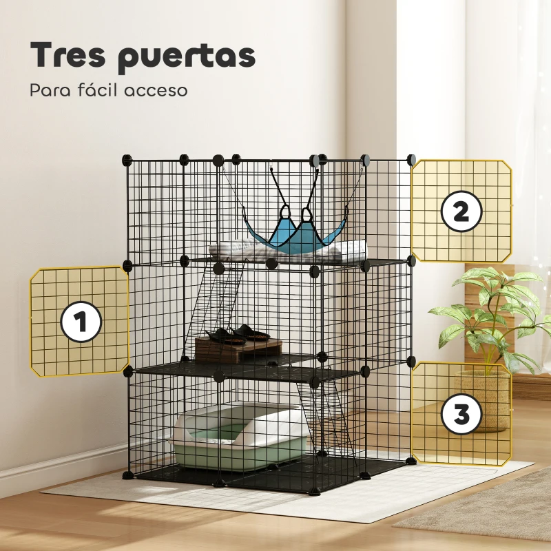 PawHut Jaula para Gatos Interior de 3 Niveles Recinto de Acero para Gatos con 3 Puertas 2 Escaleras Hamaca 70x70x105 cm Negro