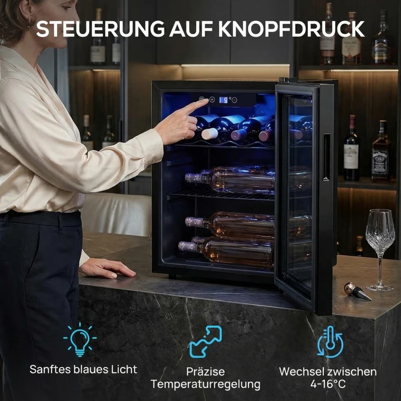 HOMCOM Wijnkoeler voor 16 flessen, 48 L capaciteit, 4–16°C, Onderbouw koelkast voor drankjes en bier, met glazen deur, LED-verlichting