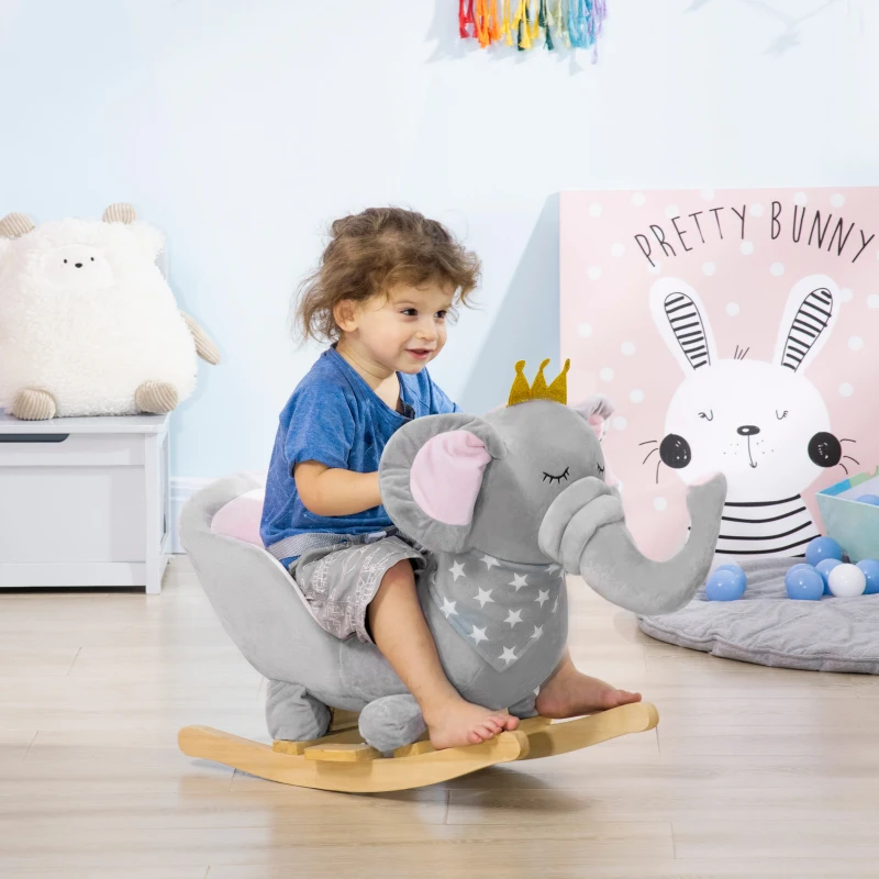 HOMCOM Kids Elephant-Designed Rocking Horse, with Safety Belt, Wooden Base, for Ages 18-36 Months - Grey