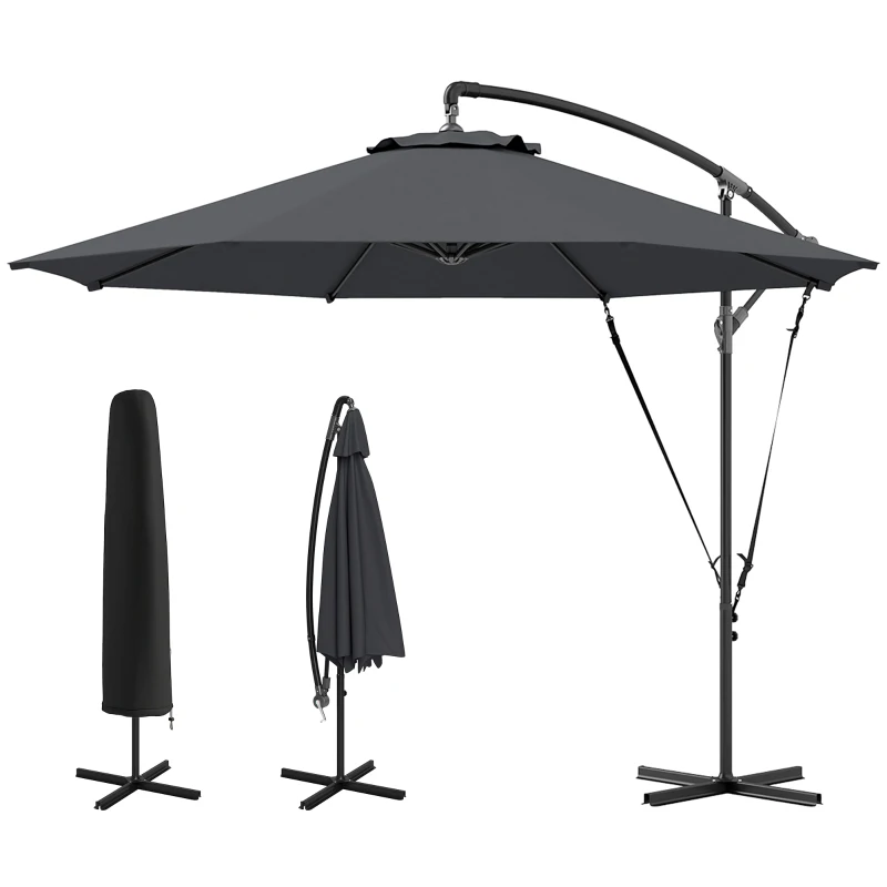 Outsunny Parasol de Jardín Excéntrico Sombrilla con Funda para Sombrilla Protección UV 50+ y Base Cruzada Ø290x243 cm Gris Oscuro