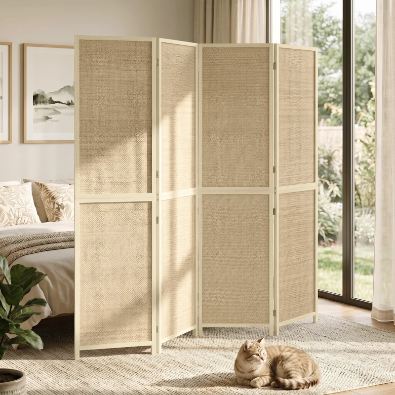 HOMCOM Parawan z 4 panelami, składana ścianka z ręcznie plecionego bambusa, 180 x 180 cm, naturalny