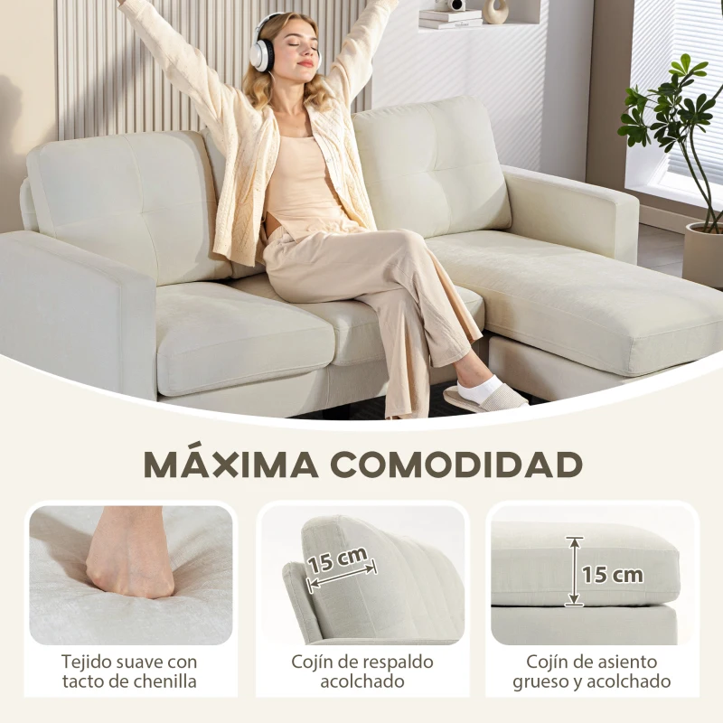 HOMCOM Sofá Chaise Longue Reversible con Estructura de Acero Tapizado en Chenilla 186x130x84cm Crema