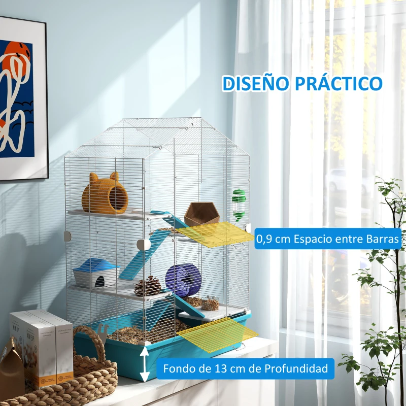 PawHut Jaula para Hámster de 5 Niveles con Plataformas Cuenco Bebedero Casita Rampas y Rueda de Ejercicio 58x36x81cm Azul Claro