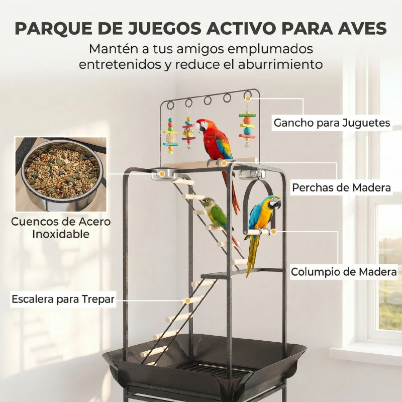 PawHut Parque de Juegos de Pájaros con Ruedas Escaleras Columpio Protector de Semillas Bandeja Comederos Perchas 63x63x163 cm