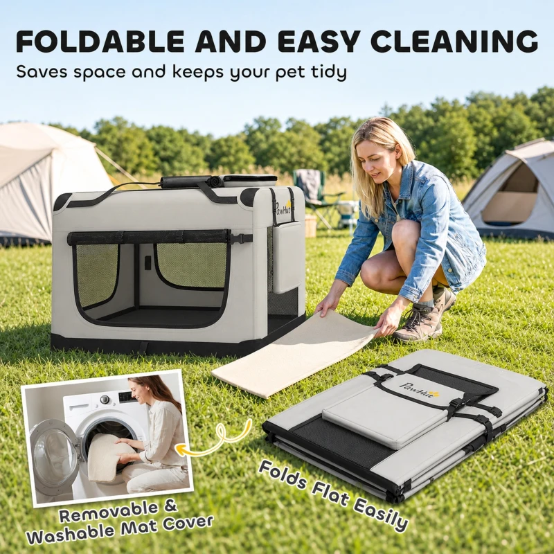 PawHut Pet Carrier Bag, Soft-Sided Dog Carrier with Security Buckle Strap, Washable Cushion and Folded Bowl, Light Grey