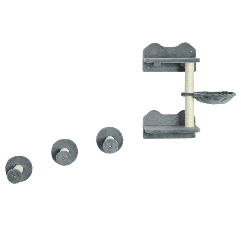 PawHut Klimniveaus, klimwand, kattenladder, 4-delige set, met krabpaal, hangmat, grijs+roomwit, 40 x 28 x 73cm