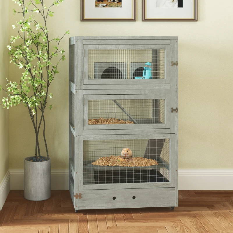 PawHut 4-stufiger Hamsterkäfig aus Holz, mit Hütten, Wippe, Futterschalen, Rampen, Rollen, 65 x 45 x 109 cm, Grau(m-10)
