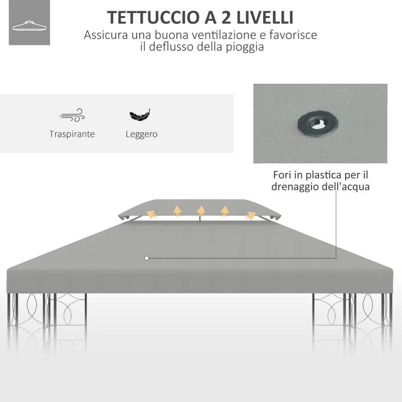 Outsunny Copertura per Gazebo 4x3 m a 2 Livelli in Poliestere con Cinghie e 10 Fori di Drenaggio, Grigio