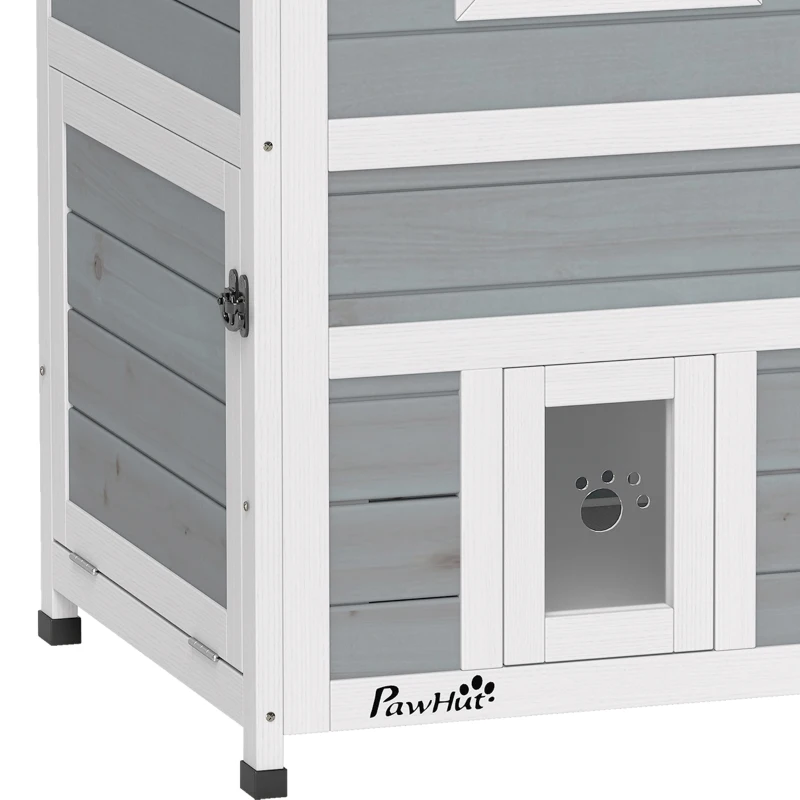 PawHut Maisonnette pour chats sur 2 étages en bois intérieur et extérieur toit rabattable 51 x 51 x 81,3 cm blanc et gris