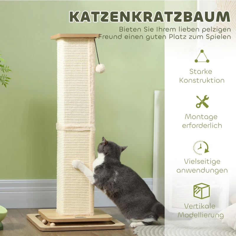 PawHut 3-in-1 Krabpaal met Speelrail, Speelbal, Sisal, tot 10 kg, 39,5 x 39,5 x 87 cm, Eiken/Crème