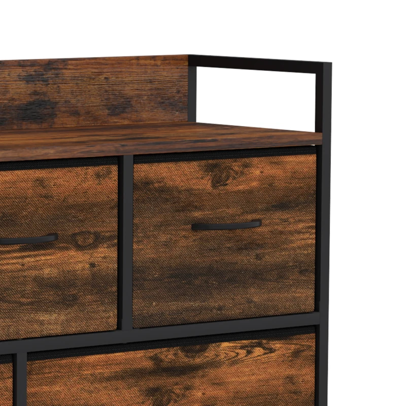 HOMCOM Commode, meuble de rangement avec 5 tiroirs en tissu pliables, plateau et cadre en acier, 98 x 29 x 63 cm, brun rustique