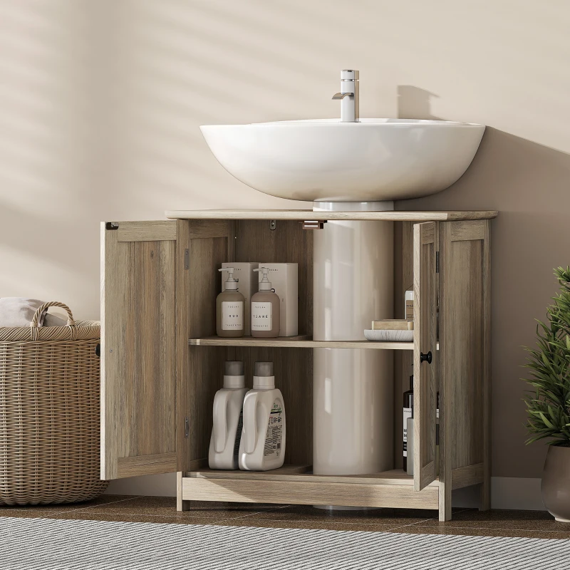 HOMCOM Mueble Bajo Lavabo para Baño con 2 Puertas, Estante Regulable, para Lavabos con o sin Columna, 60x30x60 cm, Efecto Madera Gris