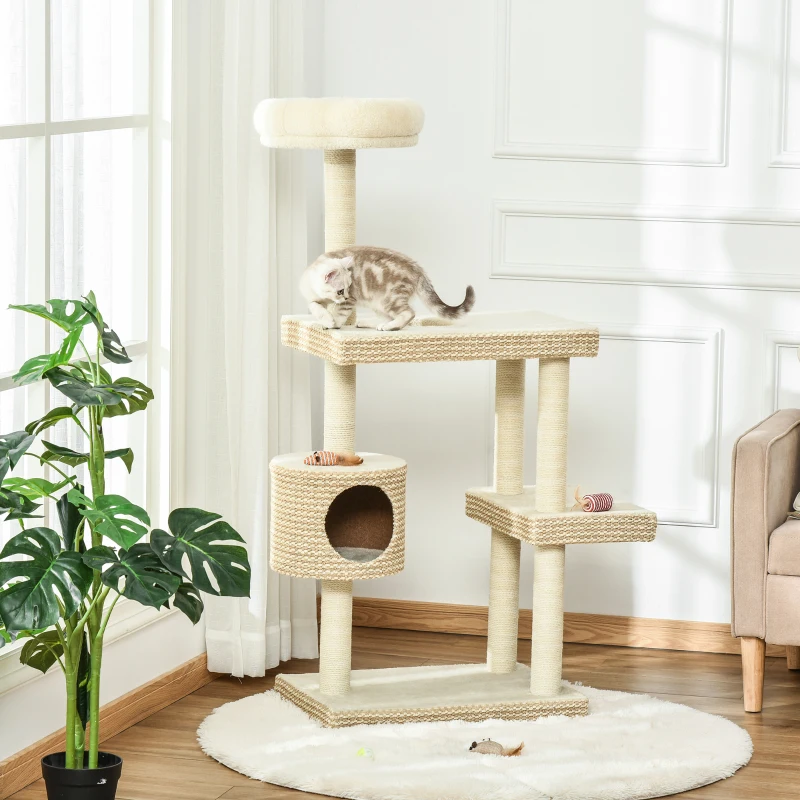 PawHut Katzenkratzbaum Katzenspielzeug Kletterbaum Sisal Polster Liegefläche Sisal samtartiges Polyester Beige+Kaffee 60 x 40 x 135 cm