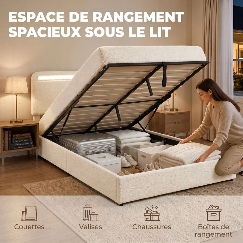 HOMCOM Lit Coffre 160 x 200 cm, LED RGB, Tête Réglable, Cadre de Lit Double Rembourré Velours, Rangement Hydraulique, Crème