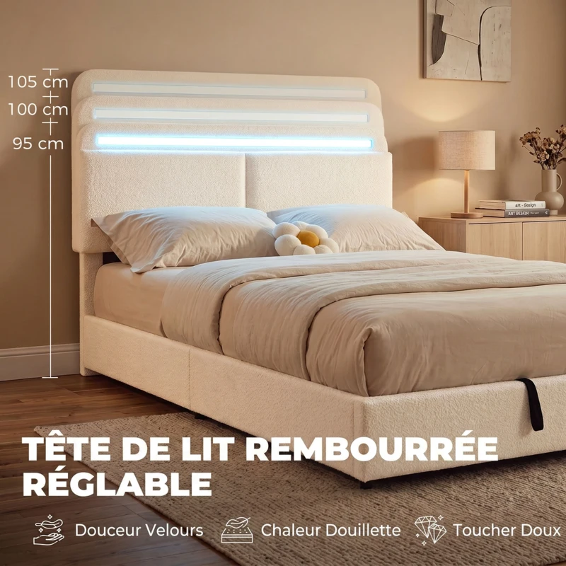 HOMCOM Lit Coffre 160 x 200 cm, LED RGB, Tête Réglable, Cadre de Lit Double Rembourré Velours, Rangement Hydraulique, Crème