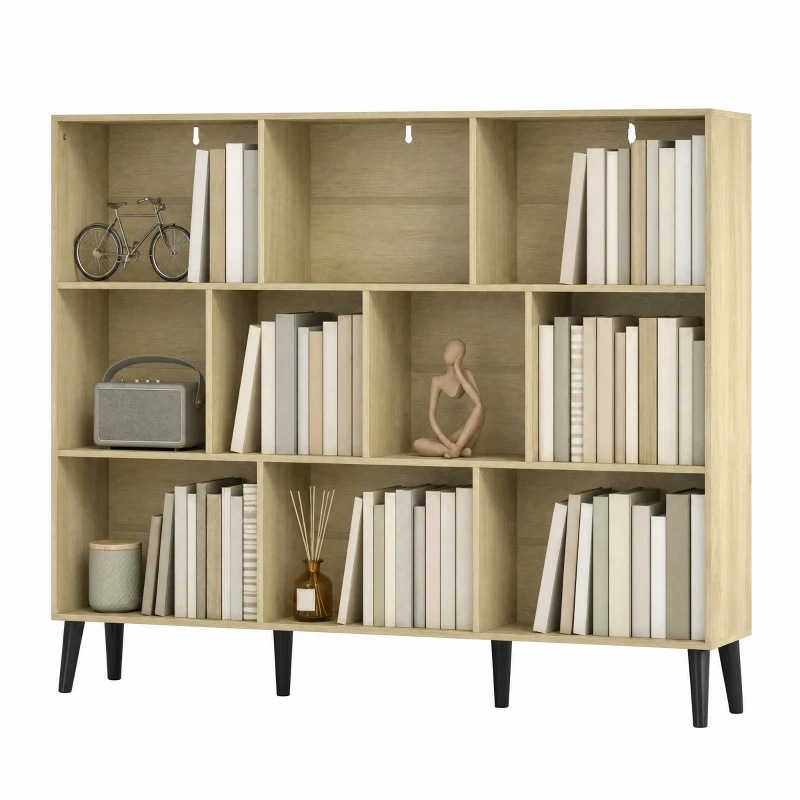 HOMCOM 10-Cube Bookcase, 3-Tier Book Shelf with Solid Wood Legs, 140 cm Modern Bookshelf with Anti-Tip Kit, Oak