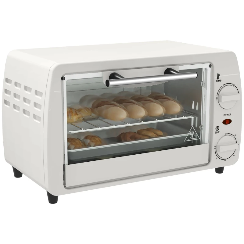 HOMCOM Mini-Ofen Toasterofen, 1 Backblech, 1 Grilrost, 10 L Kapazität, Timer-Funktion, 36,5 cm x 26 cm x 22 cm, Cremeweiß