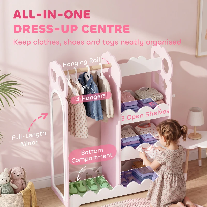 AIYAPLAY Kids Wardrobe, Children Dress Up Storage with Mirror, Clothes Rail, Shelves, Hangers for Girls Boys Bedroom Nursery Pink