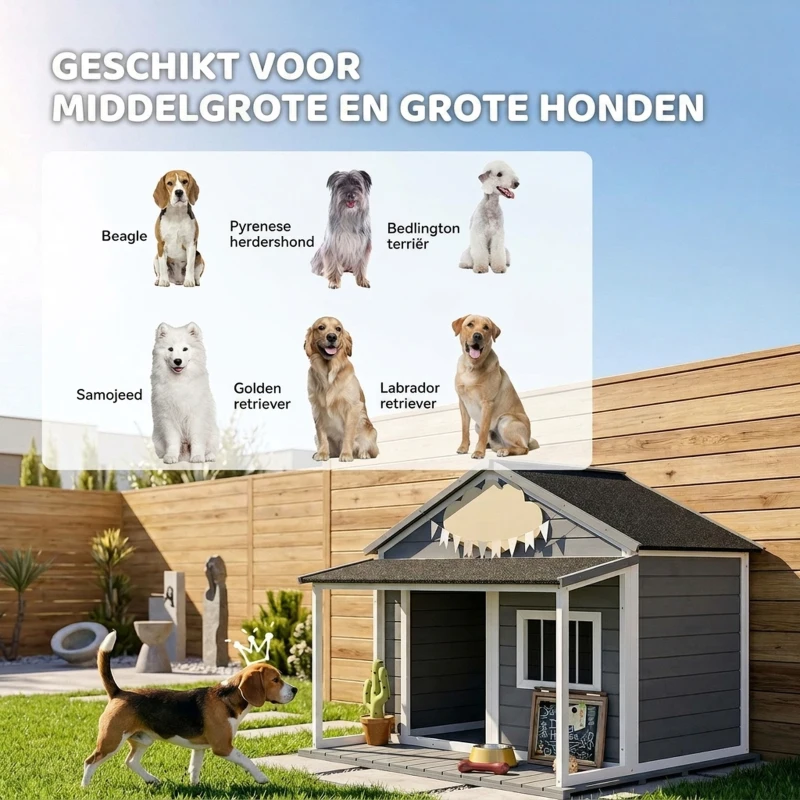 PawHut Hondenhok voor buiten - Inclusief veranda - Weerbestendig - 124 cm x 112 cm x 105 cm - Grijs + Wit(m-7)