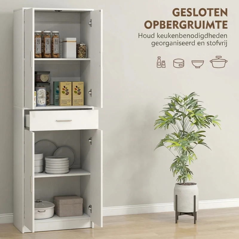 HOMCOM Keukenkast, 3-traps verstelbare planken, Spaanplaat, MDF, veel opbergruimte, Wit(m-4)