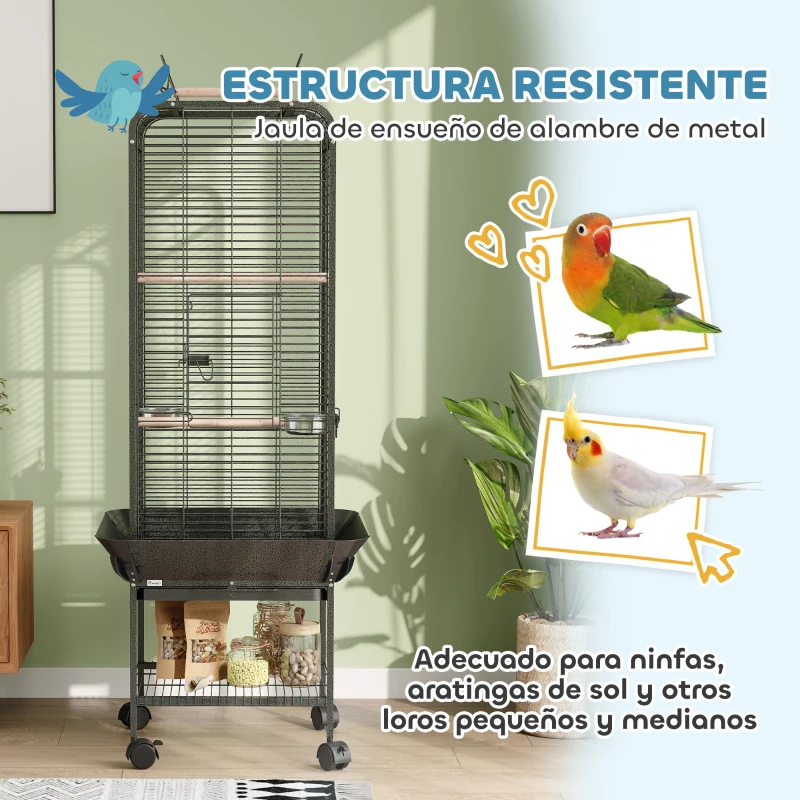 PawHut Jaula para Loros con Ruedas Perchas Comederos Estante y Bandeja Extraíble 62,5x62,5x146 cm Gris Oscuro