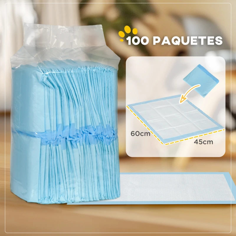 PawHut Empapadores para Perros 100 Unidad 45x60 cm Diseño de 6 Capas con Superficie de Secado Rápido a Prueba de Fugas Azul