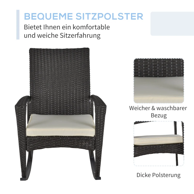 Outsunny Schaukelstuhl Schwingsessel Gartenstuhl mit Kissen , Polyrattan+Metall, Braun+Cremeweiß, 66 x 88 x 98 cm
