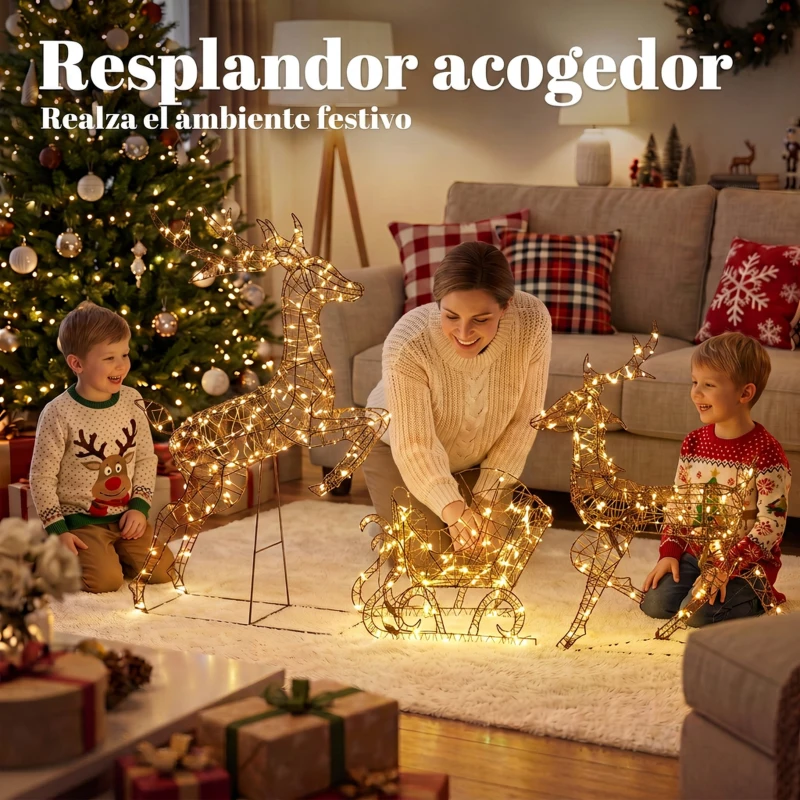 Outsunny Set Navideño de Reno y Trineo con Luces de 3 Piezas de Ratán 240 Luces LED Blanco Cálido 8 Modos y Temporizador