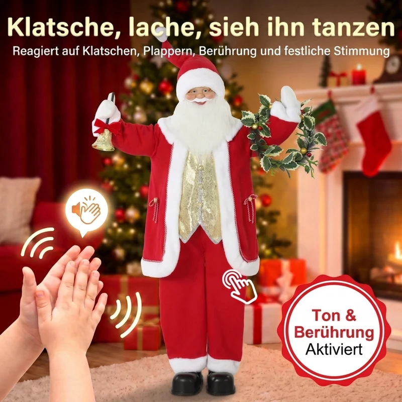 HOMCOM Singender Weihnachtsmann, 150 cm, stehende animierte Weihnachtsfigur mit Glocke und Kranz, per Sound/Berührung aktiviert