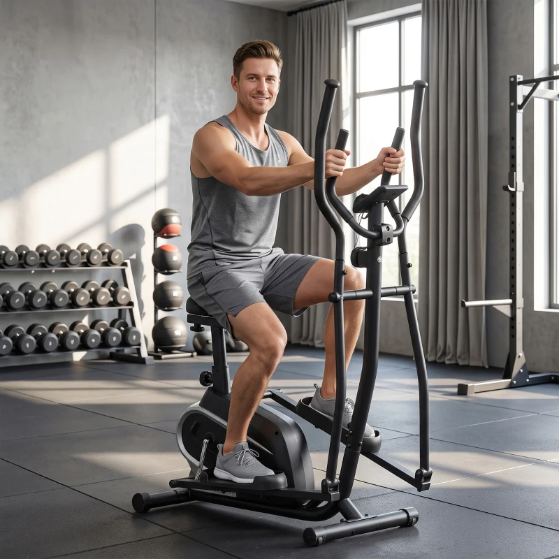 HOMCOM Bicicleta Elíptica con Resistencia Magnética Ajustable de 8 Niveles Bicicleta de Fitness con Sillín Regulable Pantalla LCD Pulsómetro y Soporte para Móvil para Casa Gimnasia 103x62x151 cm Negro