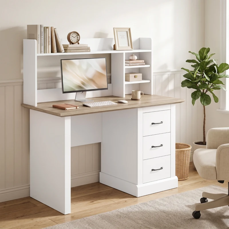 HOMCOM Bureau Informatique avec 3 Tiroirs, 120x55cm, Bureau avec Rangement, Étagères Ouvertes et Large Plateau, Chêne et Blanc