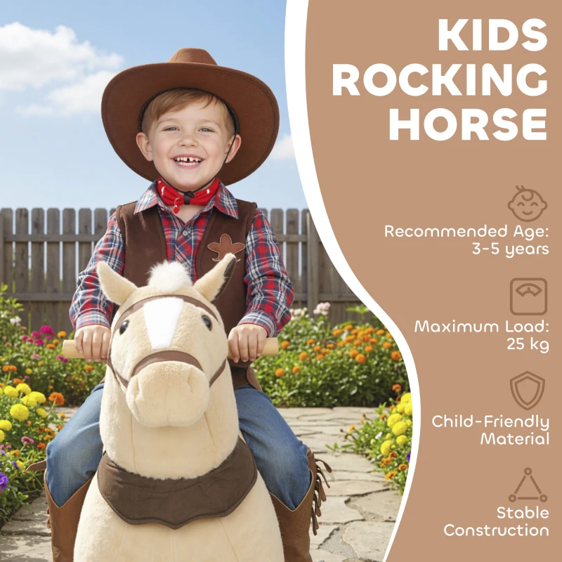 AIYAPLAY Rocking Horse, Plush Ride On Horse with Rolling Wheels & Saddle, Ride On Pony Toy for Kids 3-5 Years, Up to 25kg, Brown