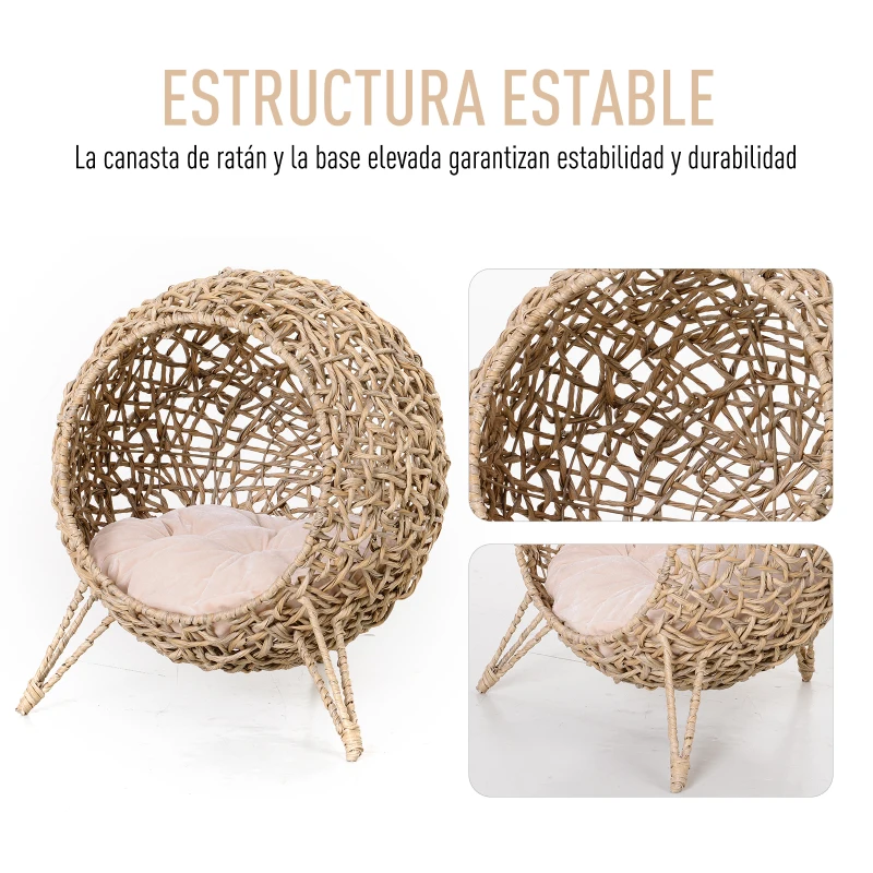 PawHut Cama Cueva de Ratán para Gatos o Mascotas Pequeña con Base Trípode Cojín de Felpa y Algodón Suave Diseño Elevado Estable Φ52x58 cm Madera Natural