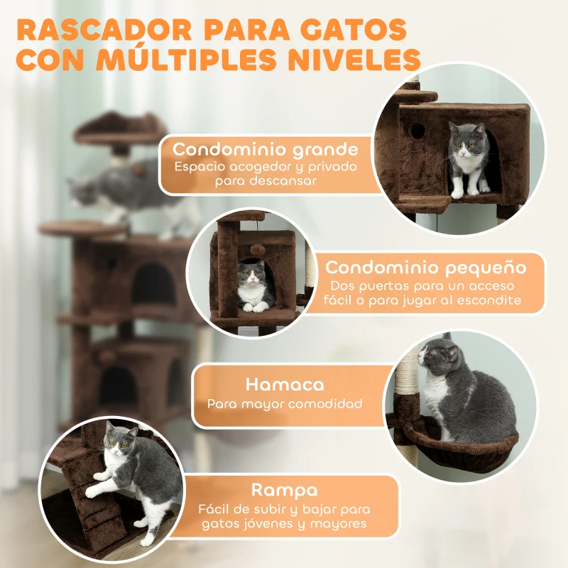 PawHut Árbol Rascador para Gatos 140 cm con Plataformas Cama 2 Cuevas Hamaca Escalera Postes de Sisal Marrón