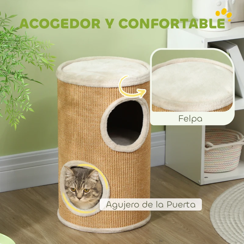 PawHut Barril Rascador para Gatos de 2 Niveles Torre Rascador para Gatos con 2 Cuevas y Cubierta de Sisal Ø35x60 cm Marrón