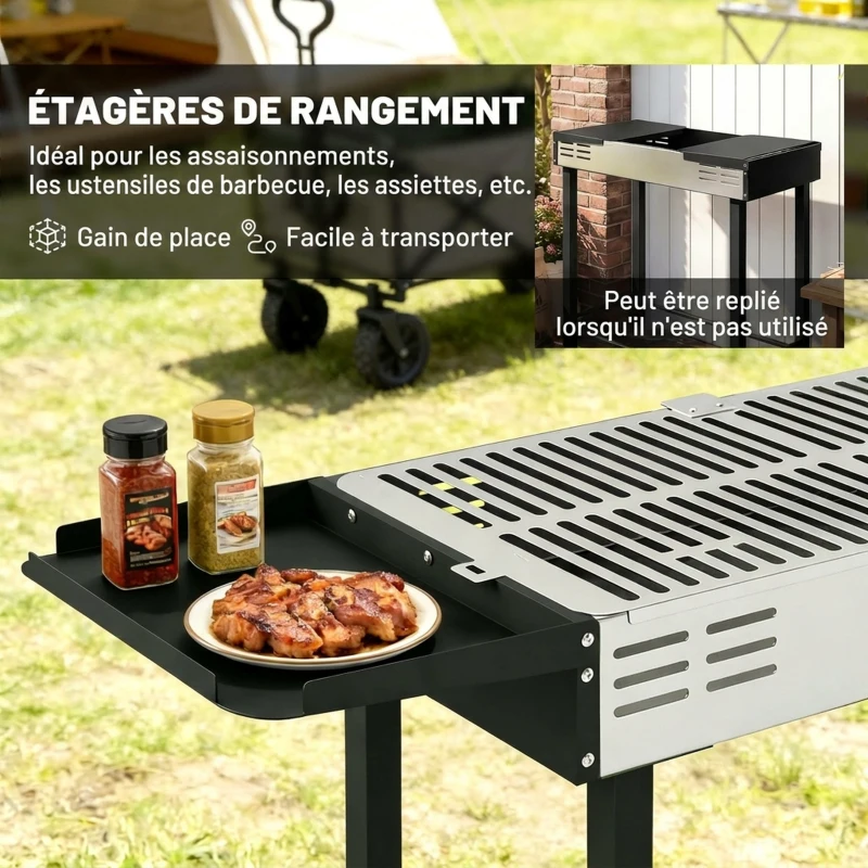 Outsunny Barbecue charbon de bois BBQ avec grille de gril à 3 niveaux et étagères latérales pliables, 118 x 32 x 90 cm, noir