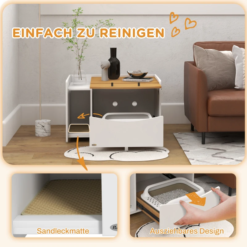 PawHut Kattentoilet, uitschuifbaar, kastontwerp, strooisellade, 78x50x51cm, Eik/Wit(m-4)
