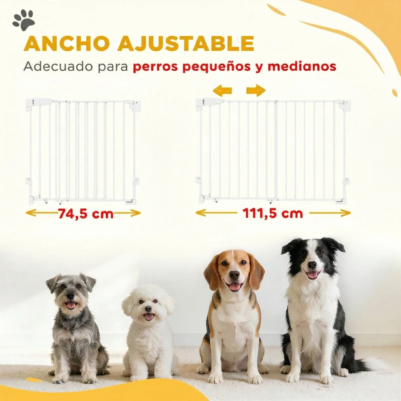 PawHut Barrera de Seguridad para Perros 74,5-111,5 cm Puerta para Perros para Escaleras con Pestillo Cierre Automático Blanco