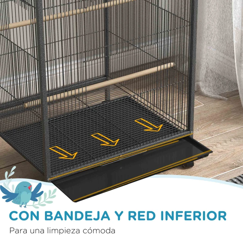 PawHut Jaula para Pájaros con Ruedas con Comederos Perchas Columpio Estante y Bandeja Extraíble 48x46x78 cm Gris