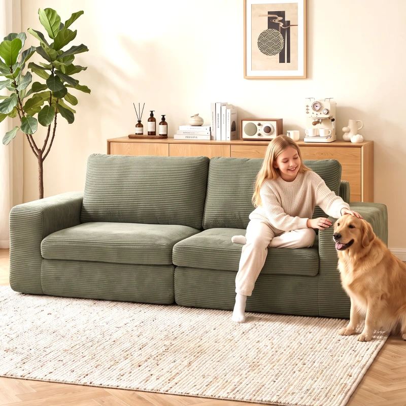 HOMCOM Canapé 3 Places en Velours Côtelé, Canapé de Salon Compressé Moderne 236 cm avec Coussin à Ressorts, Vert