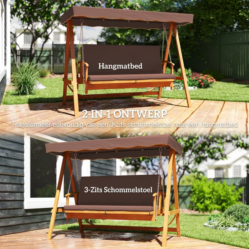 Outsunny Hollywoodschommel met zonnescherm, echt houten tuinschommel, schommelbank met ligfunctie, voor 3 personen, Bruin(m-4)