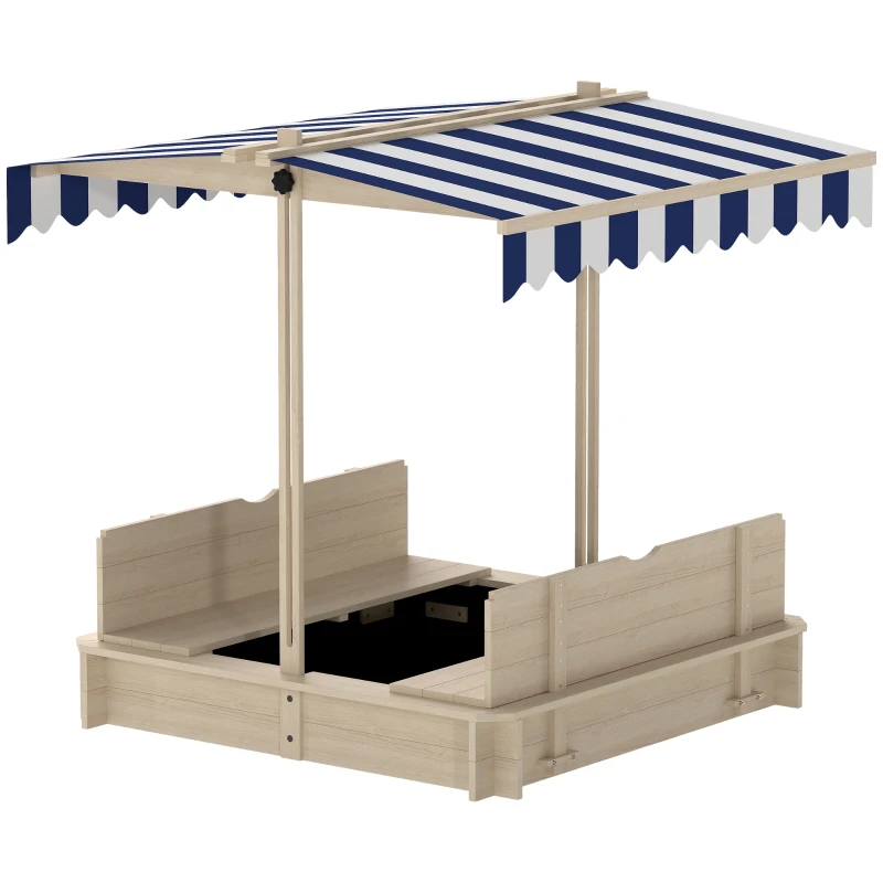 Outsunny Sandkasten 106x106 cm Kinder Sandbox aus Holz mit höhenverstellbar Abdeckung Sitzbänken Rücklehnen Blau