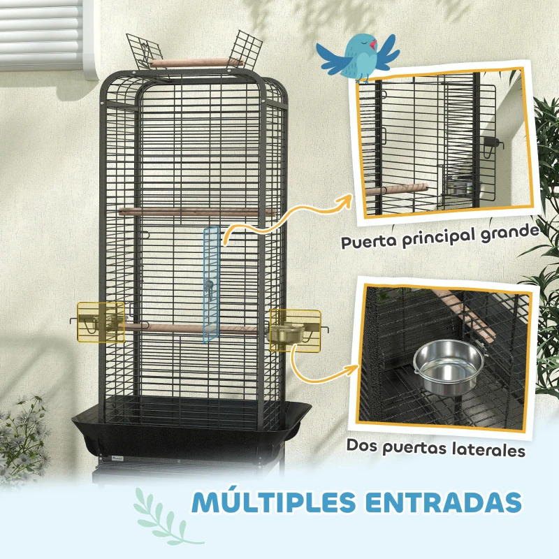 PawHut Jaula para Loros con Ruedas Perchas Comederos Estante y Bandeja Extraíble 62,5x62,5x146 cm Gris Oscuro