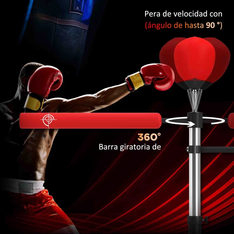 HOMCOM Saco de Boxeo de Pie Ajustable en Altura con Barra Giratoria de 360° 2 Bolas y Base Rellenable 88x50x160-230 cm Rojo