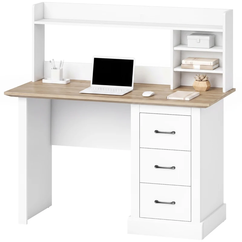 HOMCOM Bureau Informatique avec 3 Tiroirs, 120x55cm, Bureau avec Rangement, Étagères Ouvertes et Large Plateau, Chêne et Blanc