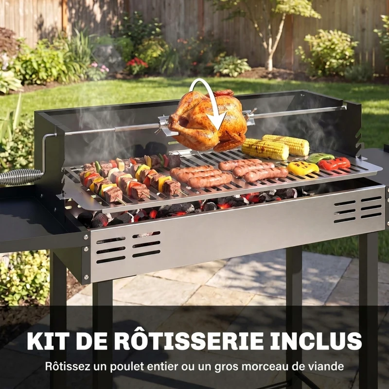 Outsunny Barbecue charbon de bois BBQ avec grille de gril à 3 niveaux et étagères latérales pliables, 118 x 32 x 90 cm, noir