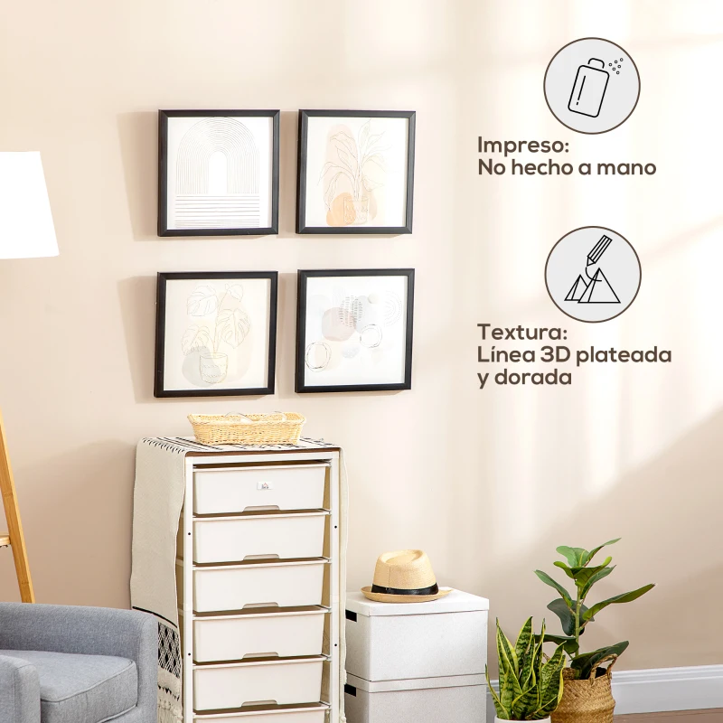 HOMCOM Set de 4 Cuadros en Lienzo de Pintura Abstracta Decoración Elegante para Dormitorio Salón 33x33 cm Multicolor